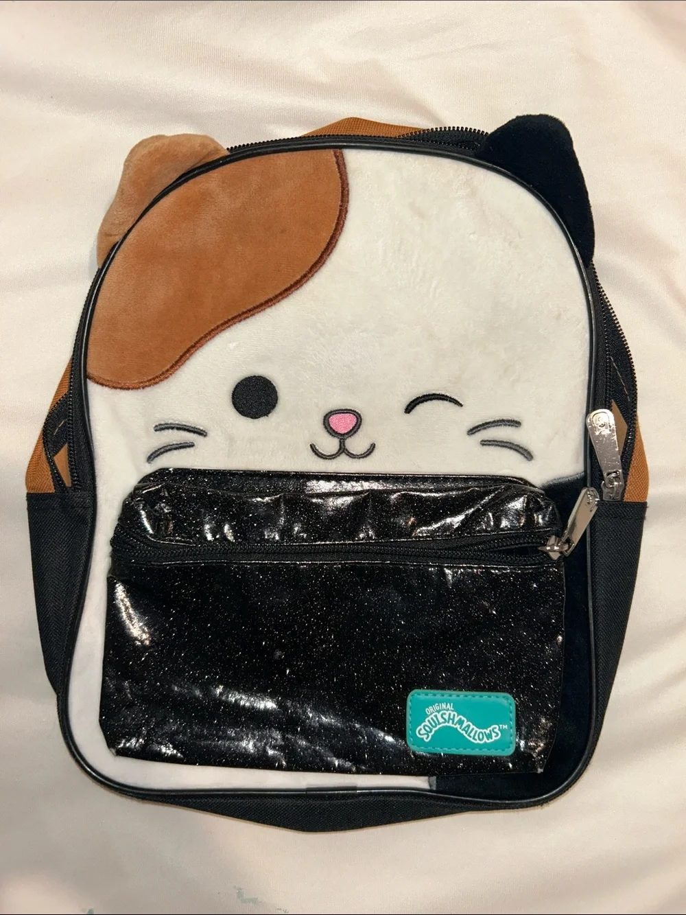 Squishmallows Calico Cat Plush Backpack - White, Brown, Black & Pink Accents